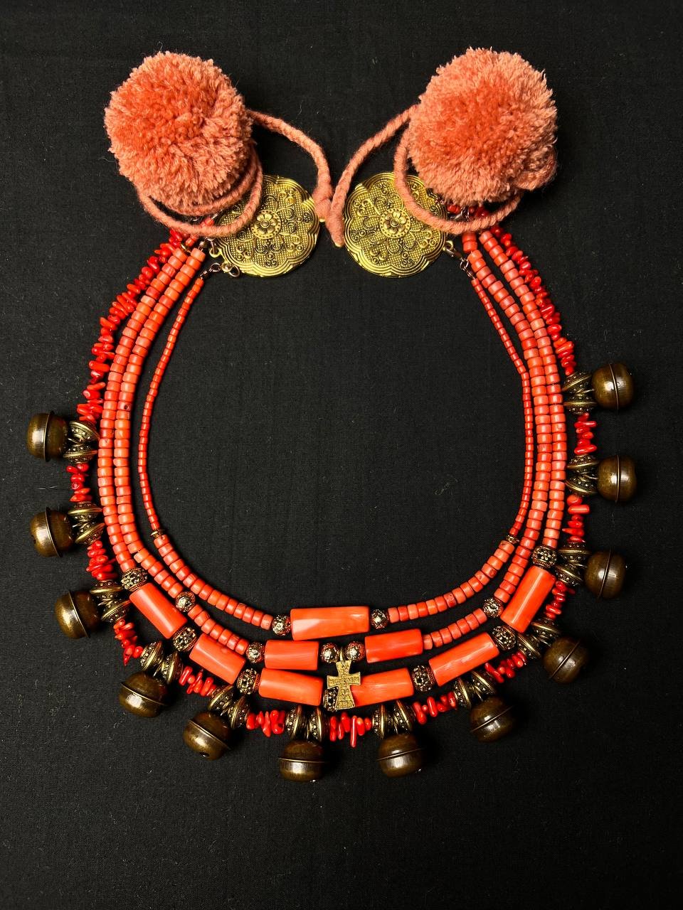 Natural Coral and Brass Necklace with Bells - зображення 2