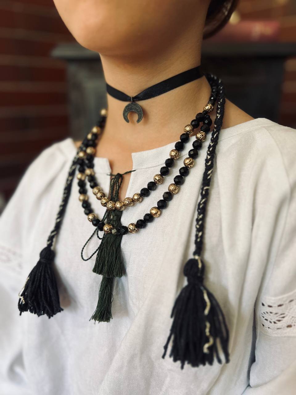 Black Obsidian and Gold Necklace with Tassels - зображення 5