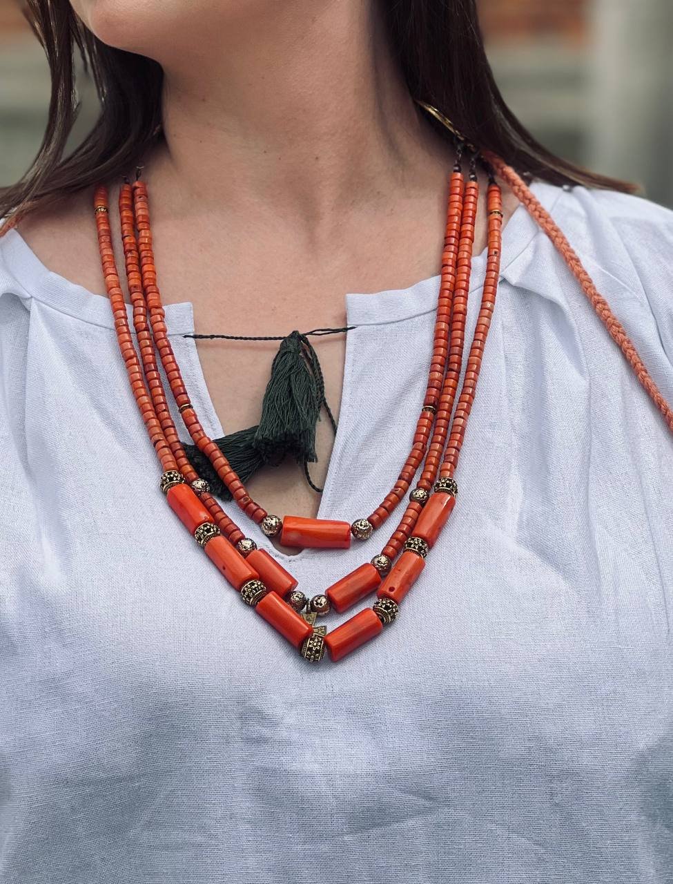 Natural Coral and Brass Necklace with Bells - зображення 8
