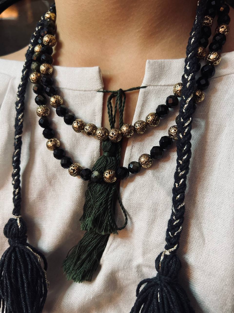 Black Obsidian and Gold Necklace with Tassels - зображення 2