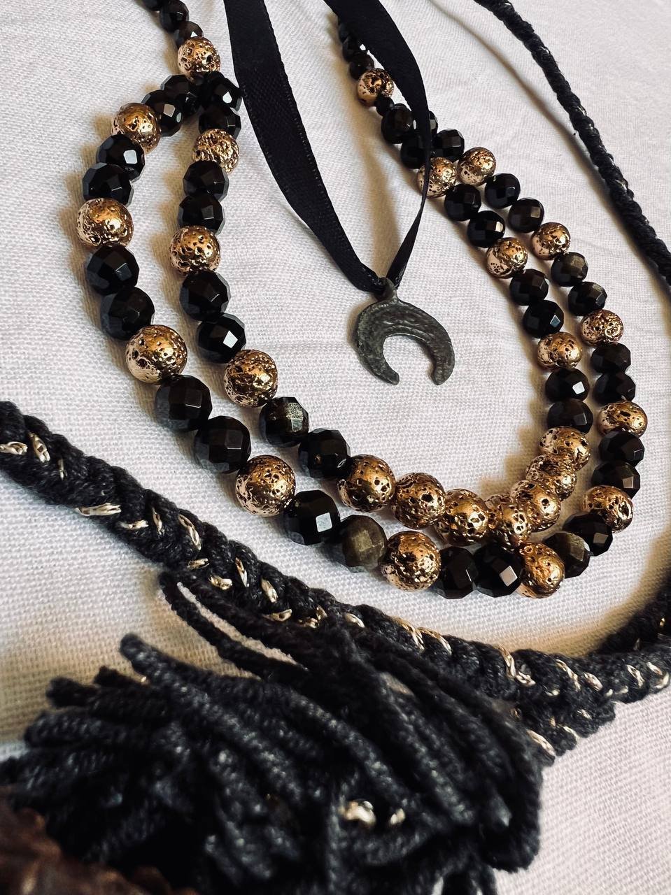 Black Obsidian and Gold Necklace with Tassels - зображення 7