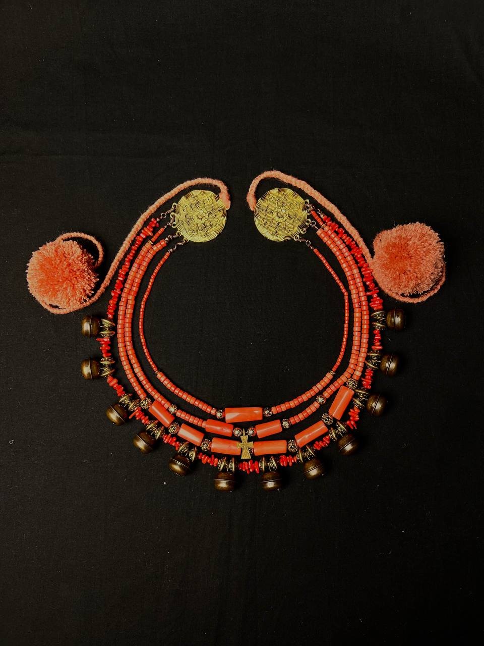 Natural Coral and Brass Necklace with Bells - . Handmade