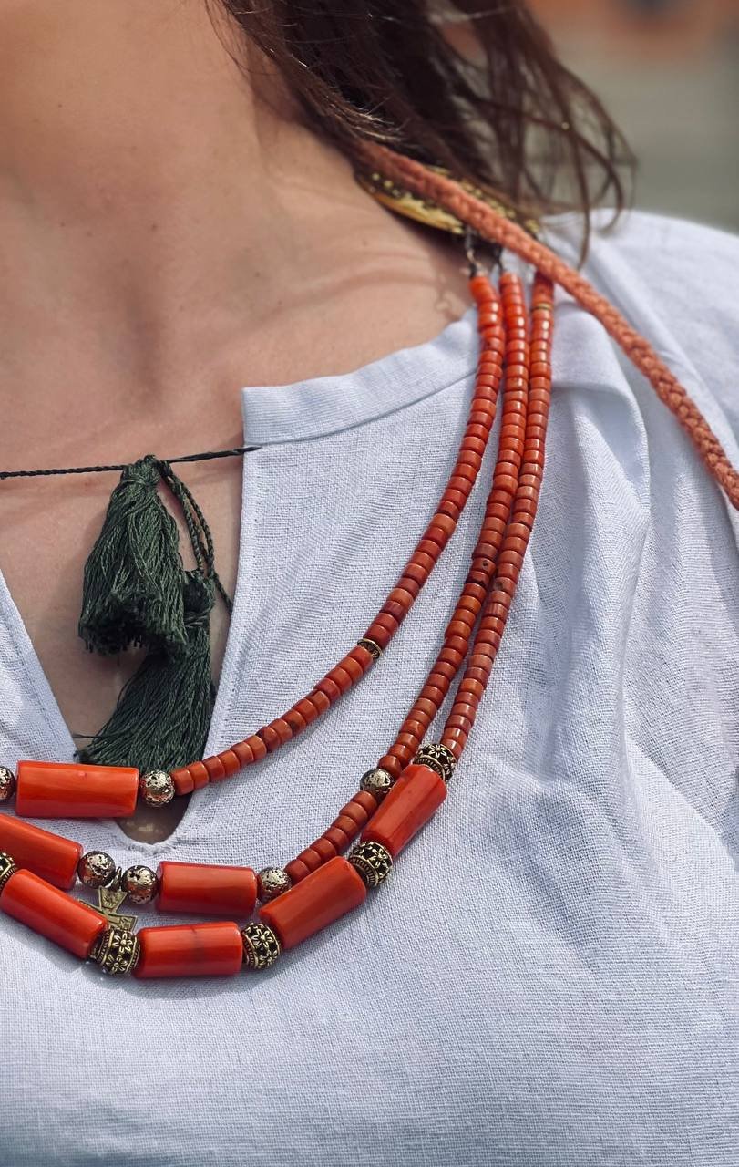 Natural Coral and Brass Necklace with Bells - зображення 9