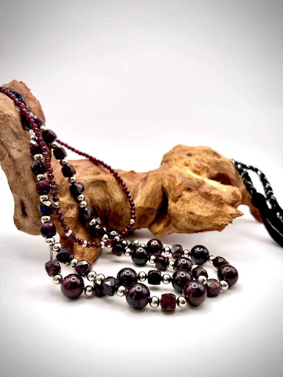 Mozambique Garnet and Silver Triple Strand Necklace - . Handmade